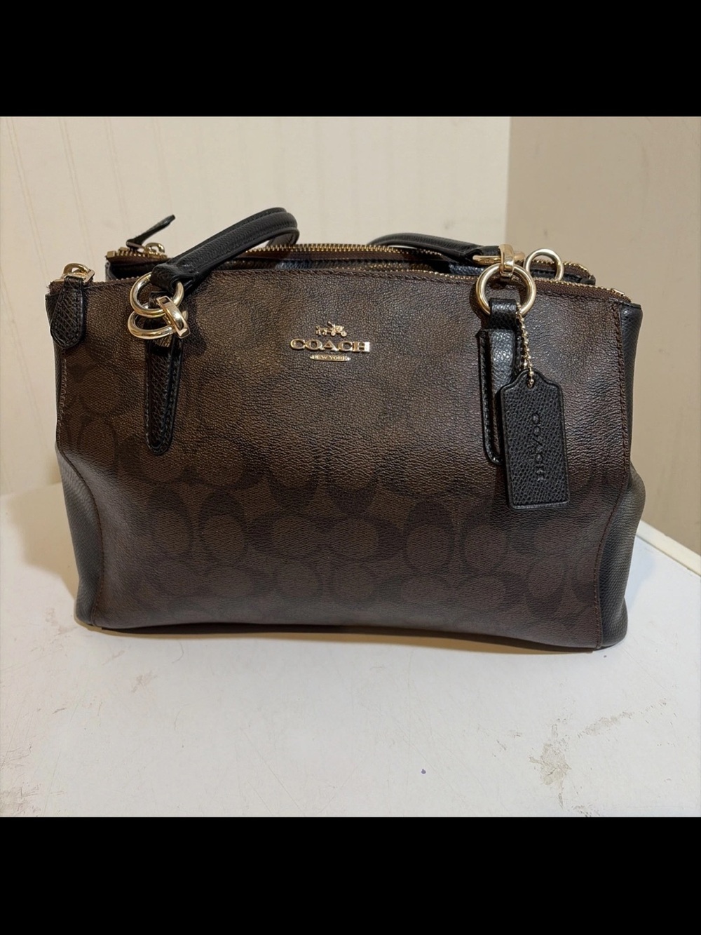 Coach Mini Christie Carryall Brown Signature Coated Canvas. Leather trim